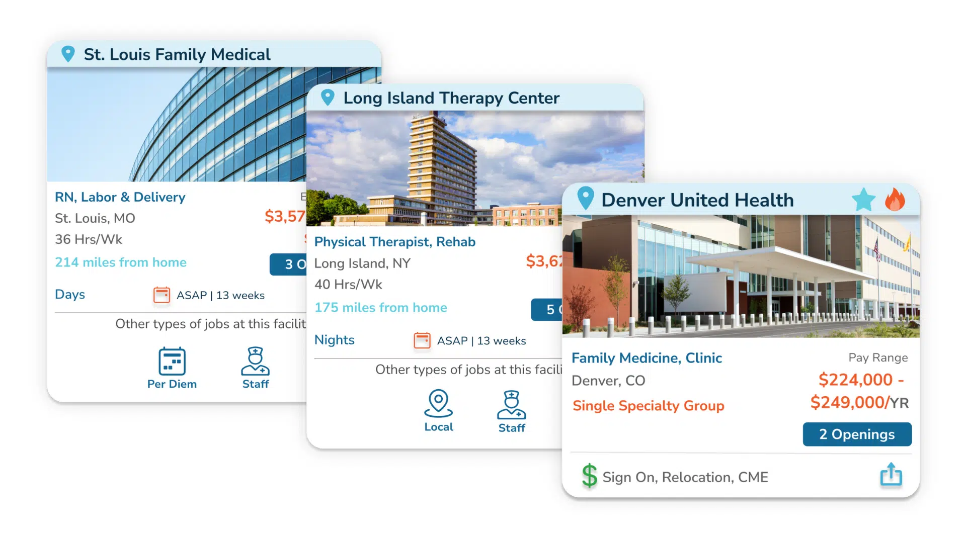 Screens showing various jobs in the Staffdna mobile app.