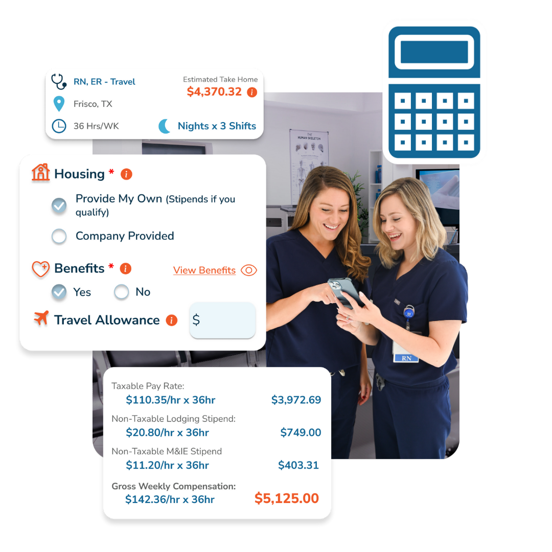 Two women looking at phone while screens of "customize pay" features from the Staffdna mobile app surround them