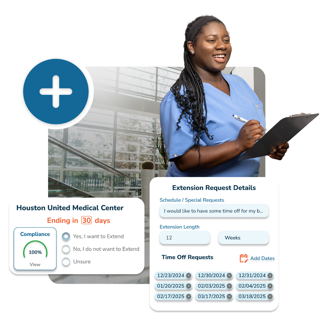 Smiling woman with pictures of extension requests screens shown in Staffdna mobile app