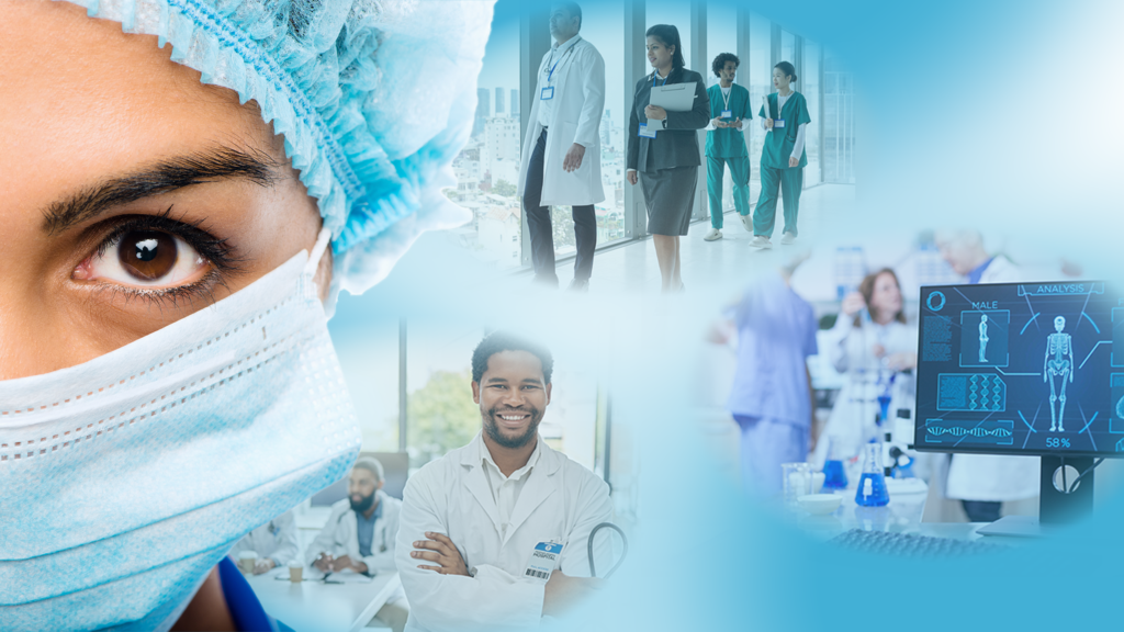 Graphic of female nurse with smaller images of hospital workers faded in the background.
